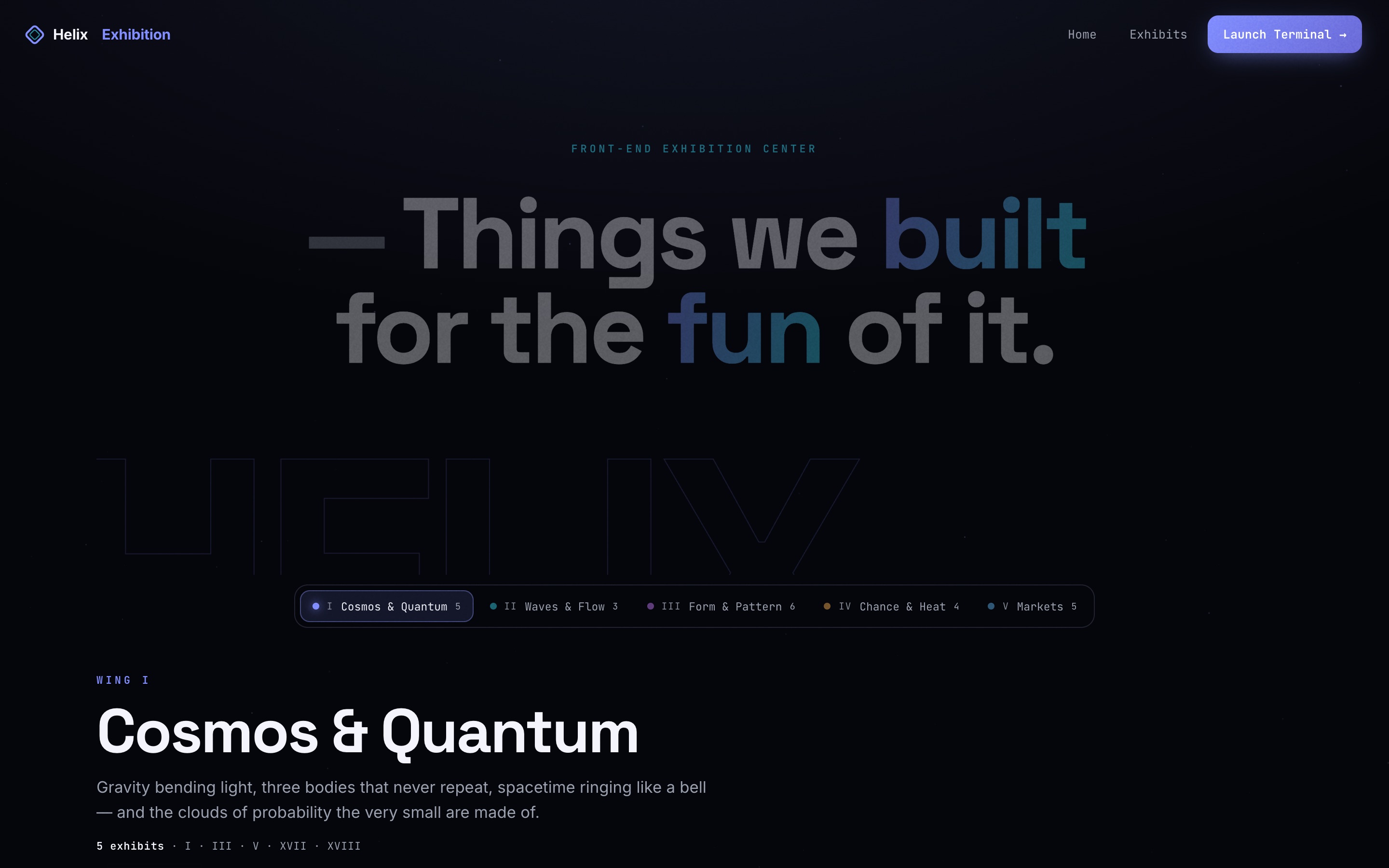 The Helix exhibition page: 23 live browser experiments in five wings.