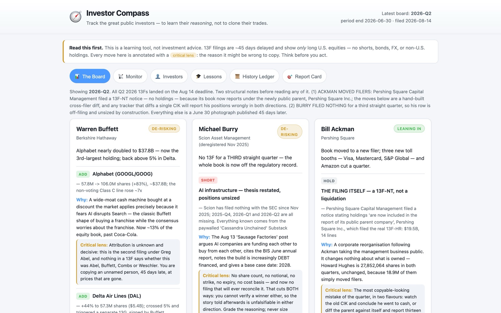 Investor Compass: the board of disclosed moves by Buffett, Burry and Ackman, each with a why and a critical lens.