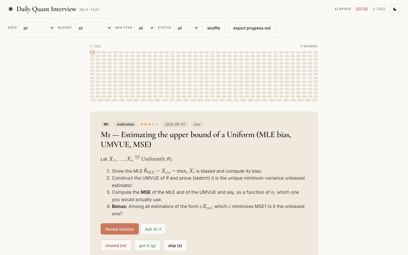 The Daily Quant Interview flashcard app: a grid of 552 problems and one open problem on the bias of the uniform maximum-likelihood estimator.